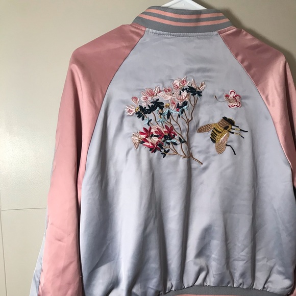 Unique Embroidered Bumblebee Satin Bomber Jacket - Picture 11 of 16
